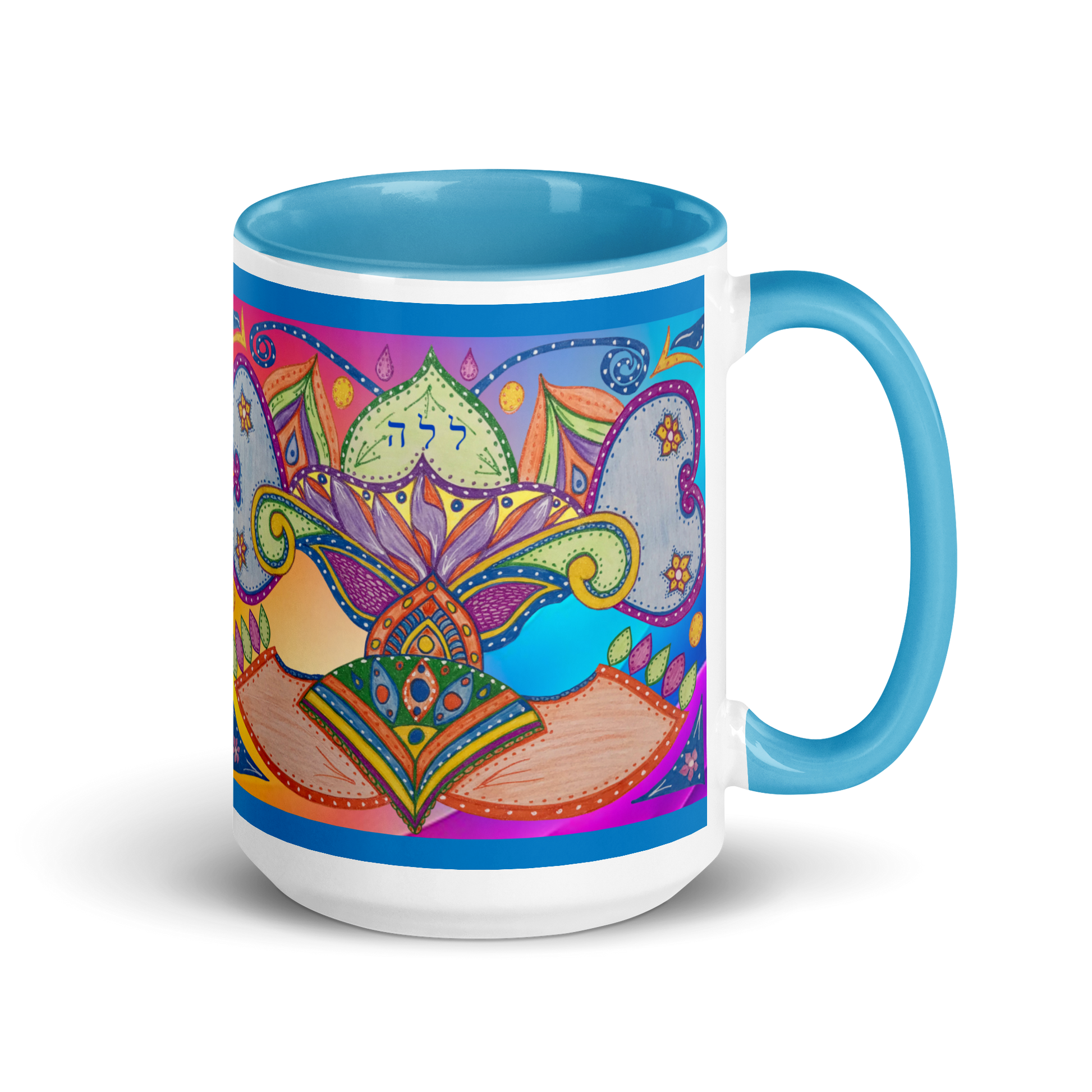 Custom Coffee Mug with Color Inside 15oz-Blu-Dreams (72 Names of God-Ayin-Lamed-Hey)-3-137online.com